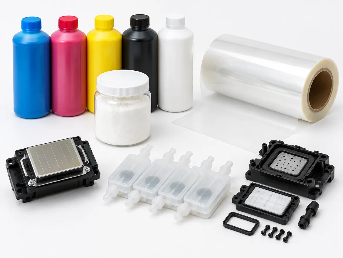DTF inks, PET film and hot-melt powder used for DTF transfer printing